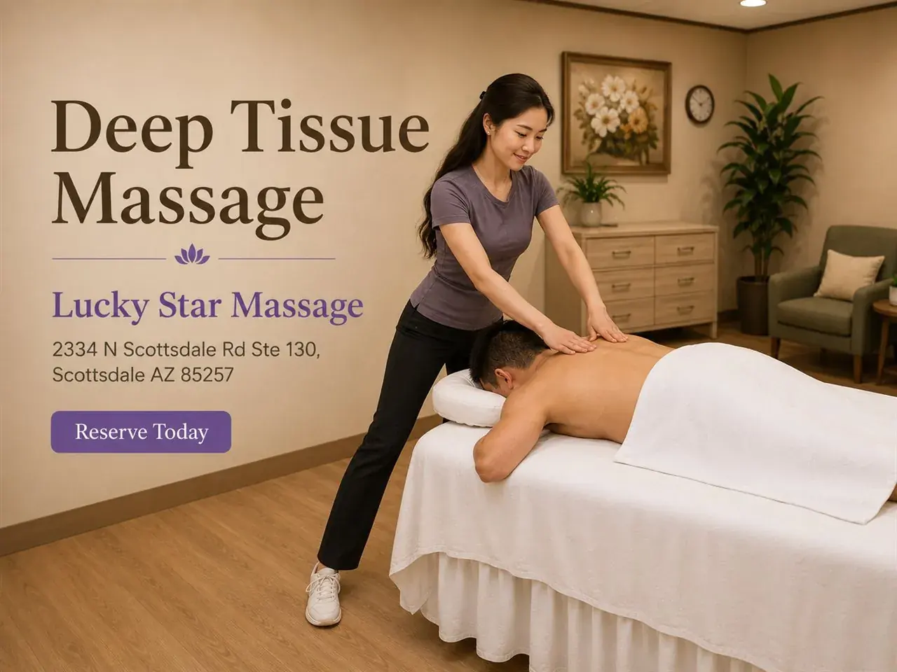 Deep tissue massage applying firm pressure to the back at Lucky Star Massage in Scottsdale AZ
